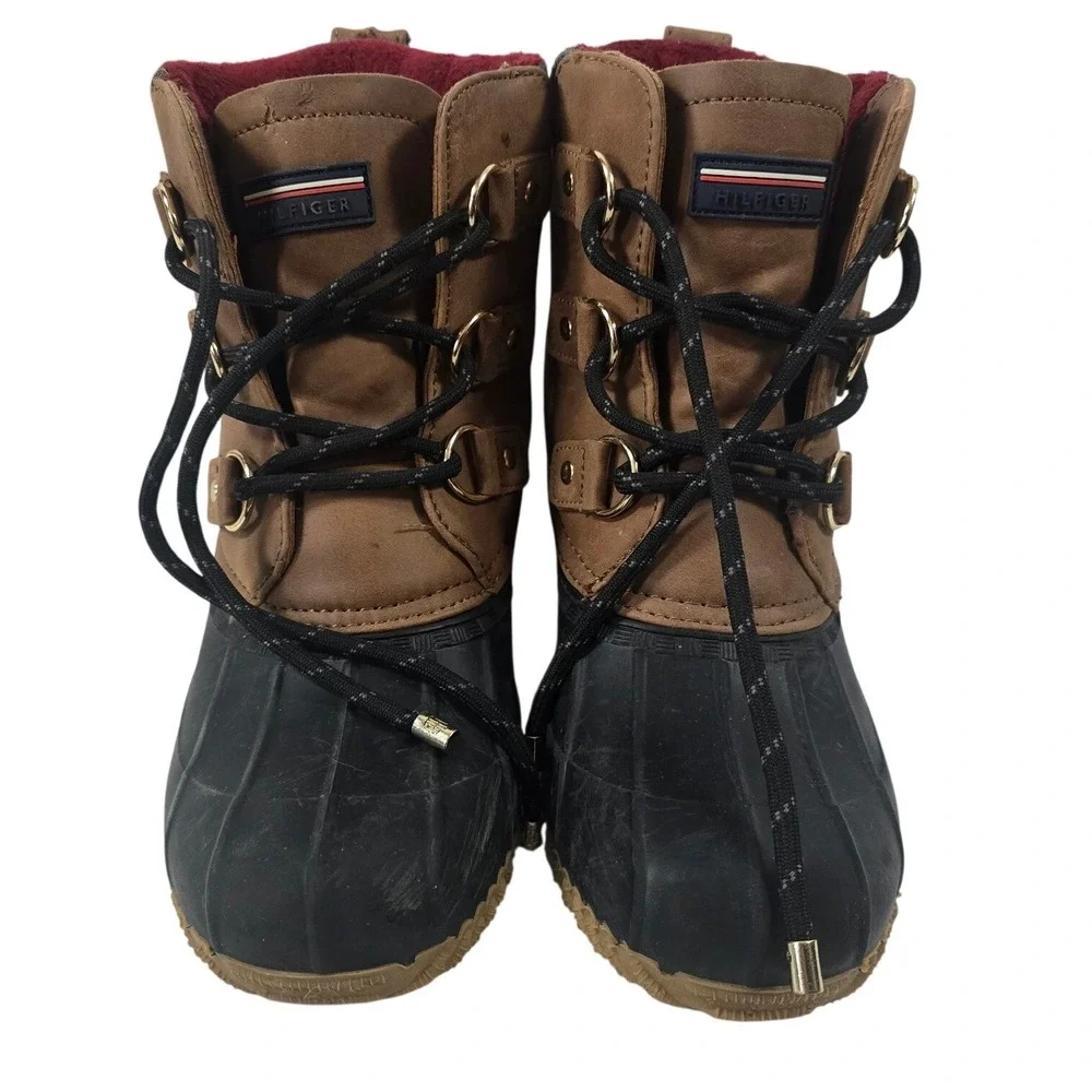 Tommy Hilfiger Womens Duck Boots Tan Black Lace Up Winter Snow Shoes Size 7M